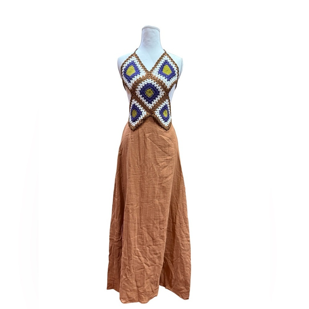 VICI Crochet Halter Maxi Dress Women’s Size XS Boho Open Back Brown Summer Dress